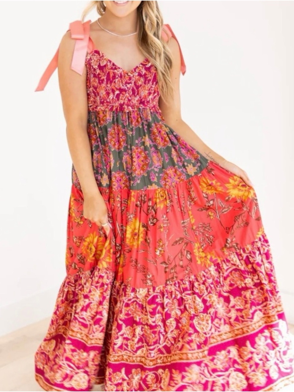 Free People Coral and Pink Floral Tiered Maxi Dress with Tie Straps